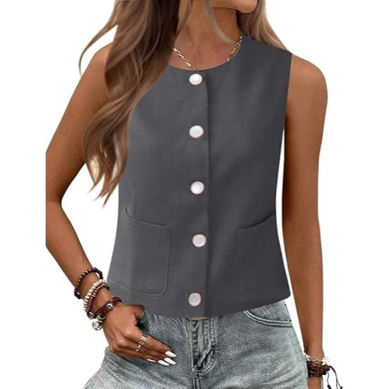 Women’s Button-Front Round Neck Sleeveless Tank Vest