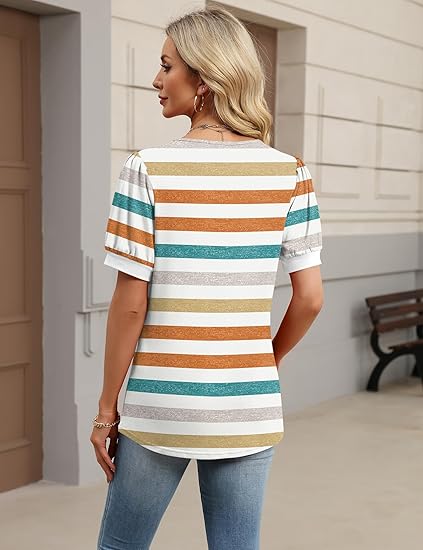 Women’s V-Neck Pleated Puff Sleeve Loose Tops