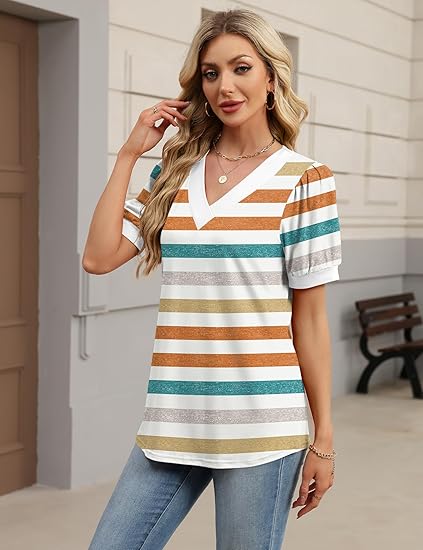 Women’s V-Neck Pleated Puff Sleeve Loose Tops