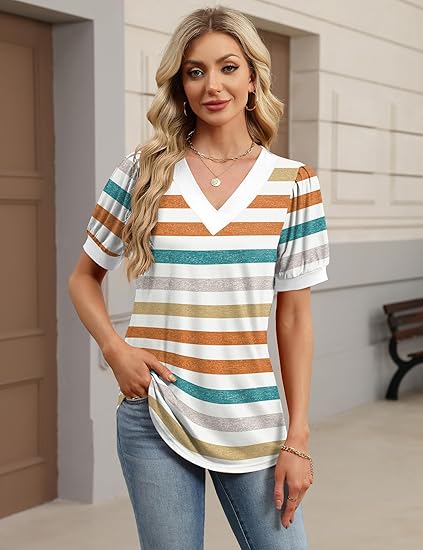 Women’s V-Neck Pleated Puff Sleeve Loose Tops