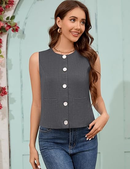 Women’s Button-Front Round Neck Sleeveless Tank Vest
